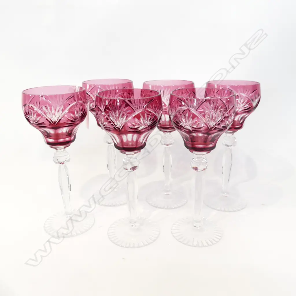 6 ANNA HUTTE CUT CRYSTAL CRANBERRY STEM GLASSES H.200mm Image 1++