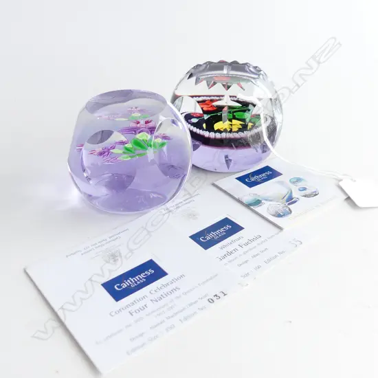 2 CAITHNESS GLASS PAPERWEIGHTS; 'CORONATION CELEBRATION FOUR NATIONS' & 'GARDEN FUCHSIA' 75mm dia 
