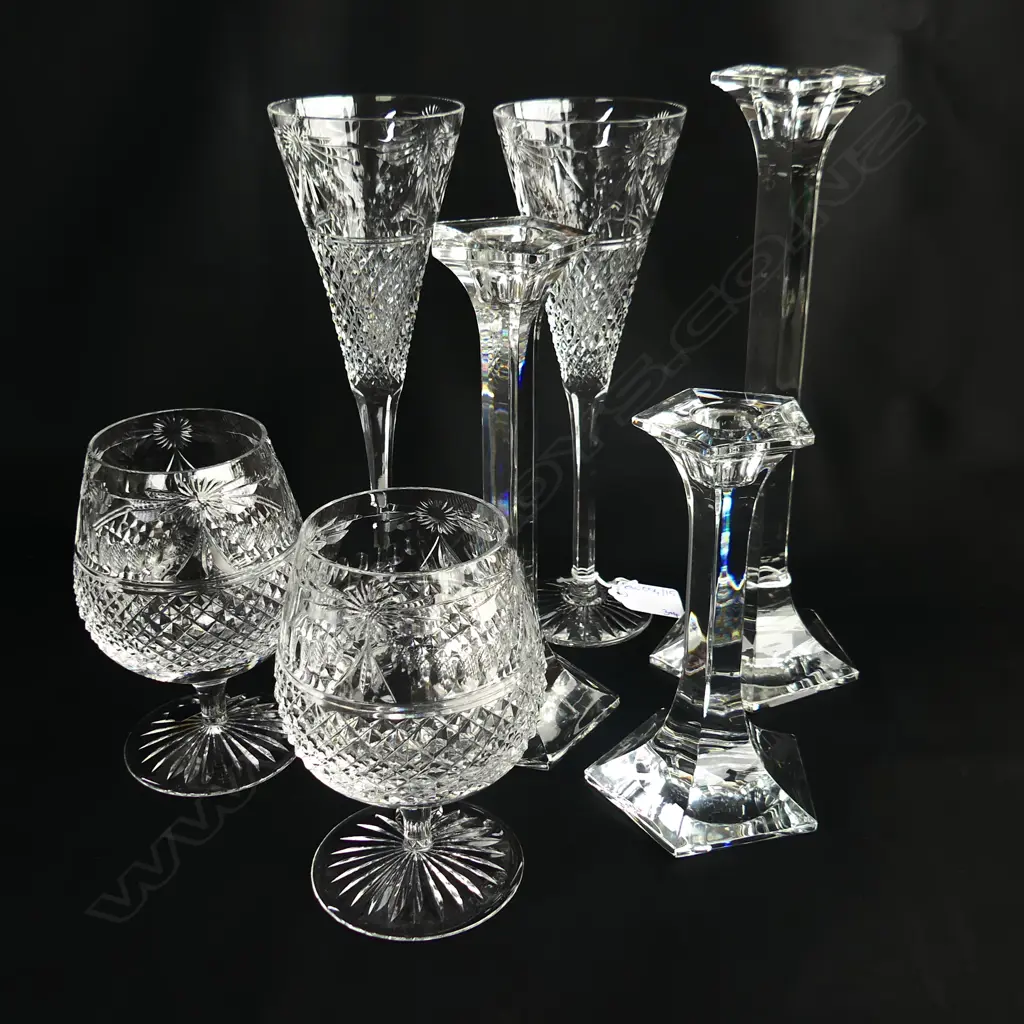 3 GRADUATED RIEDEL CANDELSTICKS H.250mm + 4 PCES STUART CRYSTAL; 2 BRANDY BALLOONS + 2 CHAMPAGNE FLUTES H. Image 1++