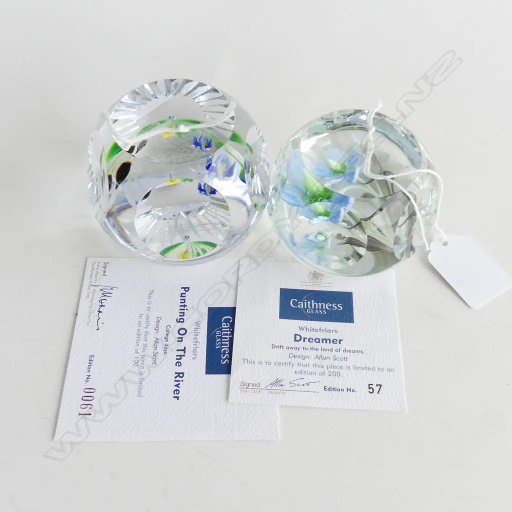 2 CAITHNESS GLASS PAPERWEIGHTS; 'DREAMER' & 'PUNTING ON THE RIVER' 75mm dia Image 1++