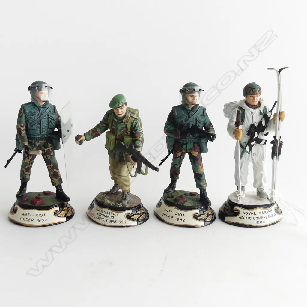 4 CHAS. C STADDEN HAND PAINTED MILITARY FIGURES; 2 ANTI RIOT, ROYAL MARINES D-DAY COMMANDO, ARCTIC COMBAT 1988 Image 1++