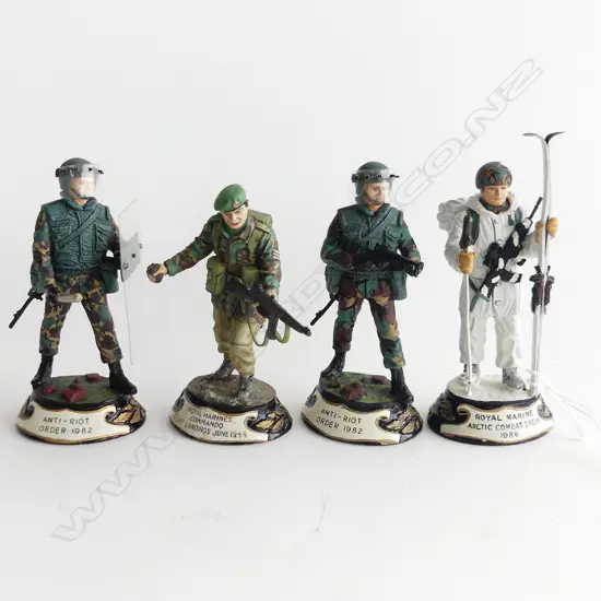 4 CHAS. C STADDEN HAND PAINTED MILITARY FIGURES; 2 ANTI RIOT, ROYAL MARINES D-DAY COMMANDO, ARCTIC COMBAT 1988