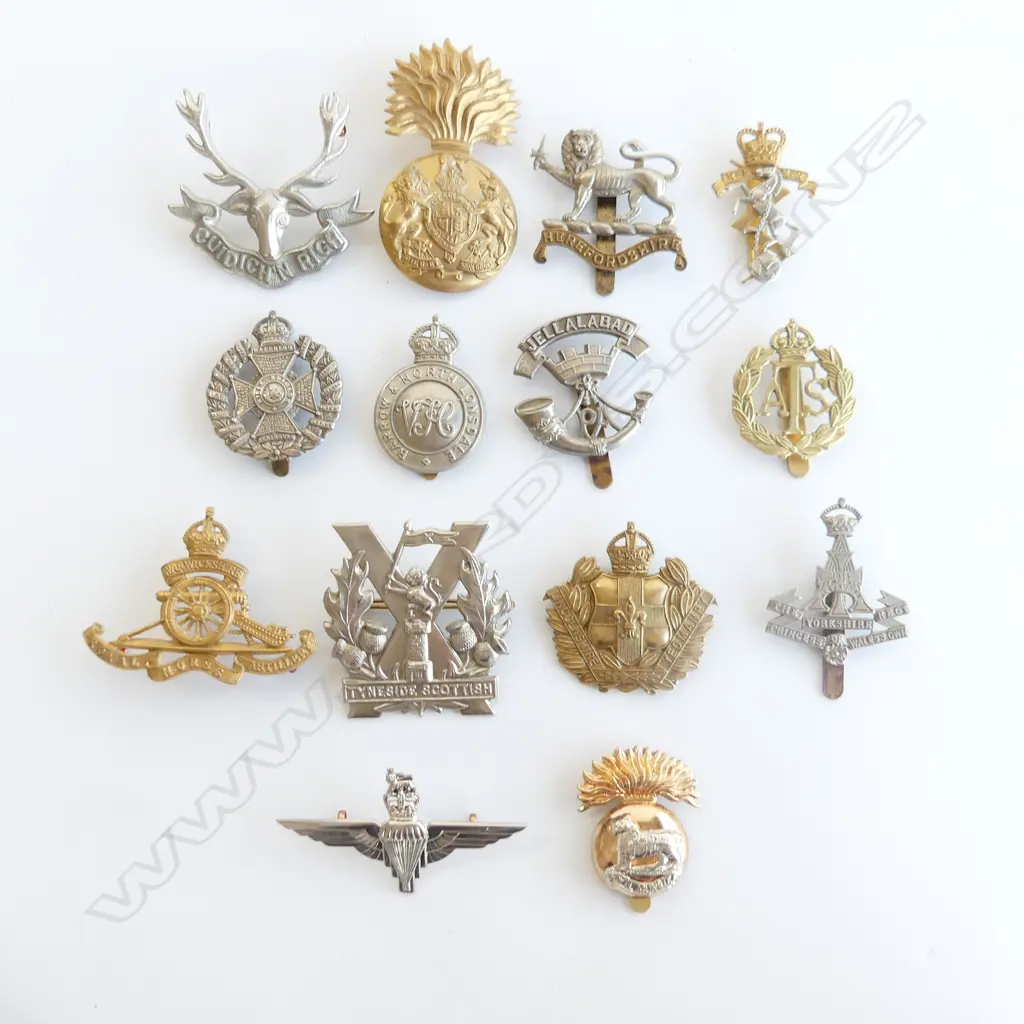 14 ASST. UK MILITARY CAP BADGES, MOSTLY WWI INFANTRY ETC (SOME RESTRIKE) Image 1++