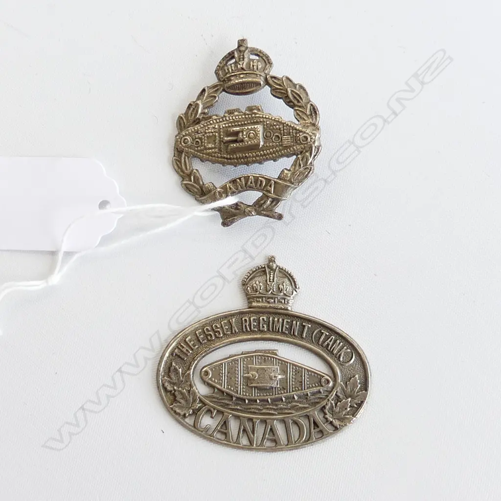 2 CANADIAN WWI MILITARY TANK CAP BADGES; THE ESSEX REGIMENT & OTHER (likely original) Image 1++