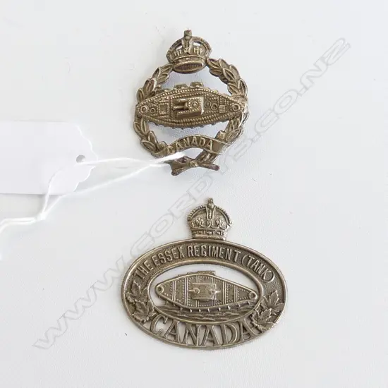 2 CANADIAN WWI MILITARY TANK CAP BADGES; THE ESSEX REGIMENT & OTHER (likely original)