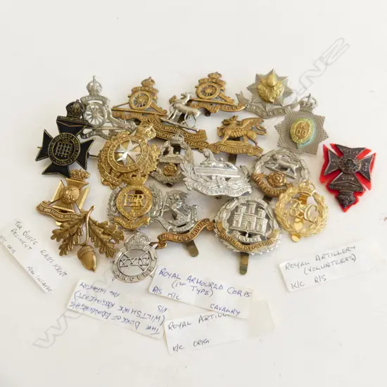 20 ASST. MOSTLY UK WWI CAP BADGES, ETC (SOME RESTRIKES)
