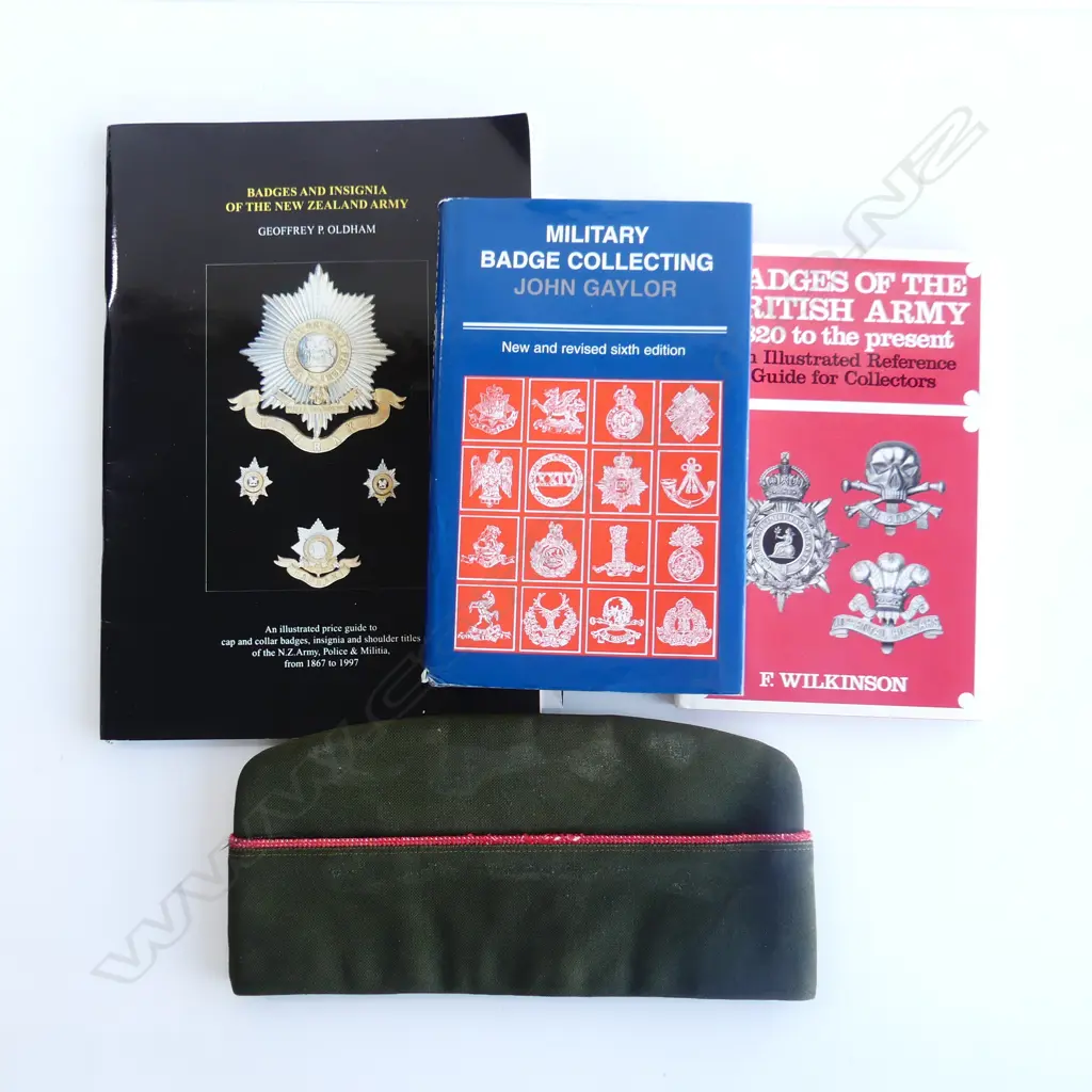 3 BOOKS ON MILITARY BADGE COLLECTING + CAP; OLDHAM, F. WILKINSON, GAYLOR Image 1++