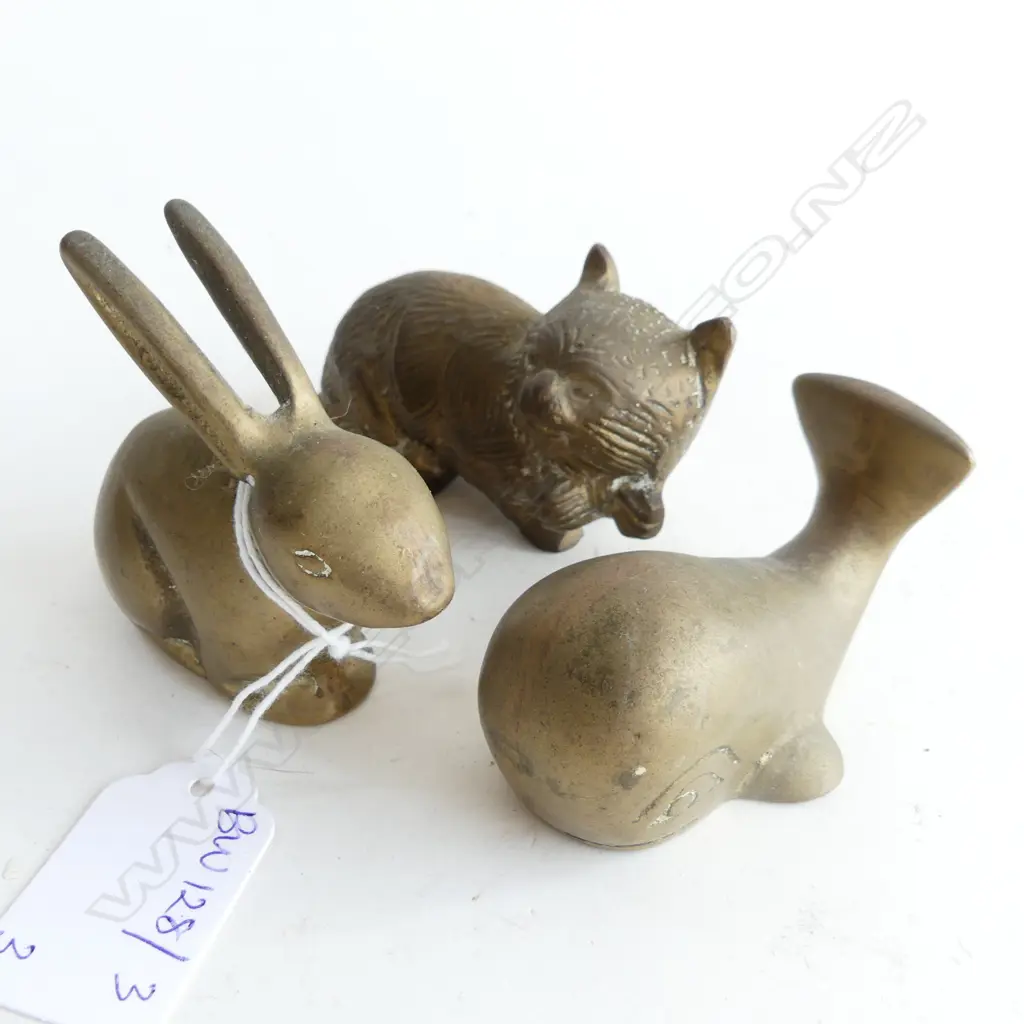 3 SMALL BRASS ANIMALS; CAT, WHALE & RABBIT H.65mm Image 1++