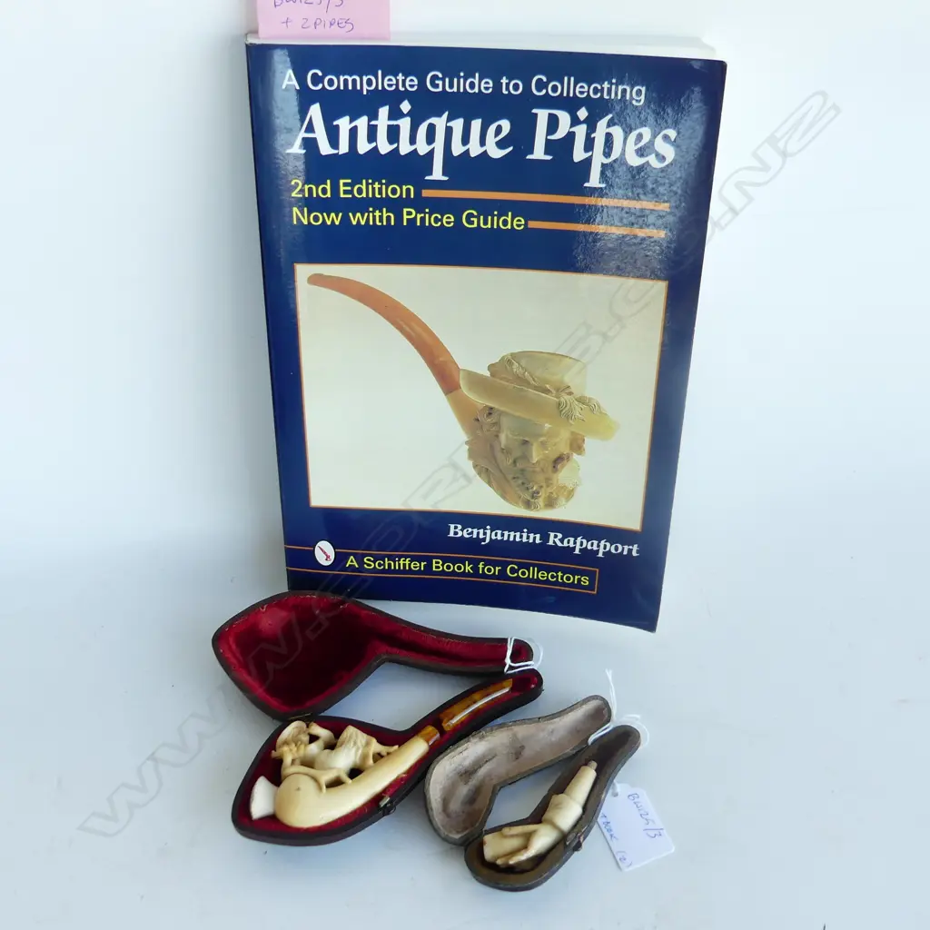 2 CASED MEERSCHAUM PIPES WITH FAULTS + PIPE BOOK L 140 MM Image 1++