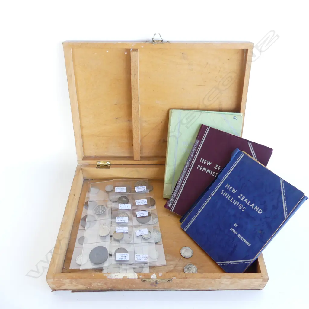 COIN COLLECTION IN WOODEN CASE; 3 NZ BERTRAND BOOKS, 52 ASST. WORLD COINS Image 1++