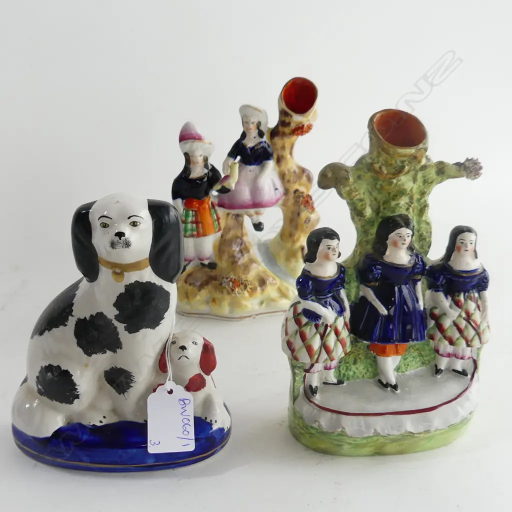 3 STAFFORDSHIRE FIGURES; SPANIEL DOG, 2 FIGURE GROUPS (1 w. REPAIR) H.185mm Image 1++