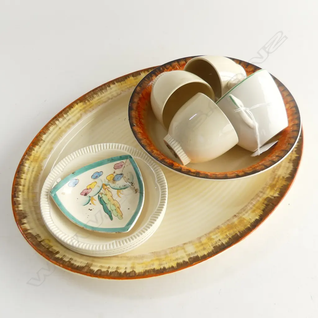 11 PCES ASST. CLARICE CLIFF; LG BIZARRE ASHETTE 360x275mm & BOWL + 4 CUPS, 4 SAUCERS, PIN DISH Image 1++