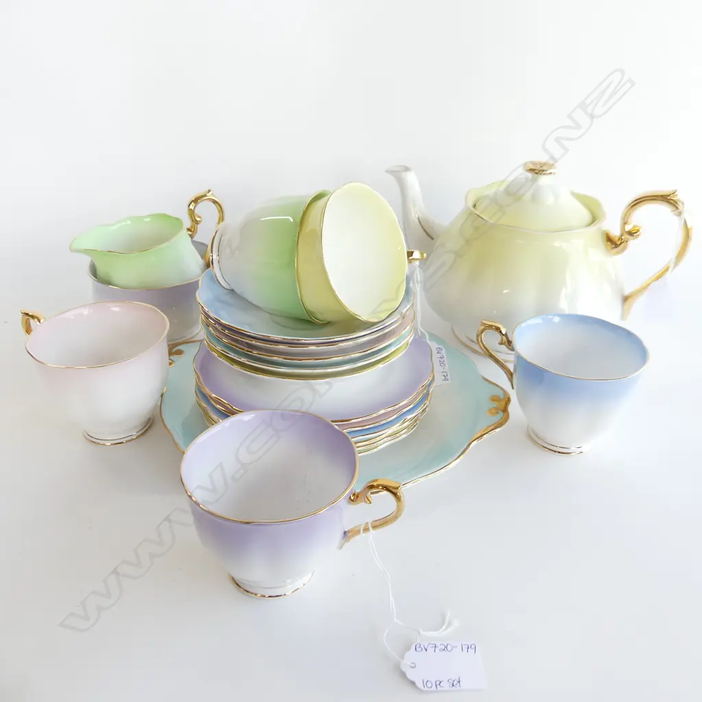 ROYAL ALBERT RAINBOW TEA SET; TEAPOT (AF), JUG & SUGAR BOWL, 5 TRIOS, SPARE PLATE & CAKE PLATE Image 1++