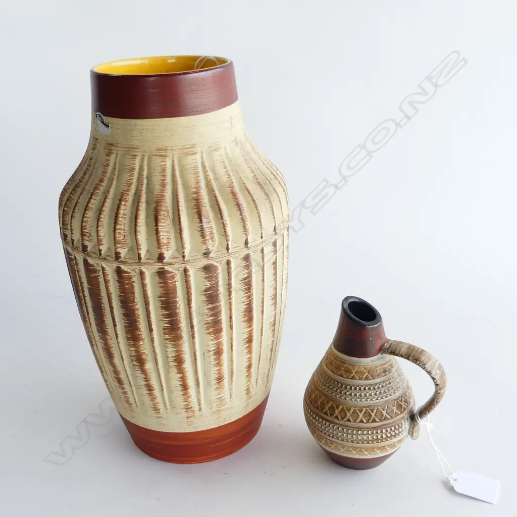 2 WEST GERMAN STUDIO POTTERY ITEMS. LGE VASE WITH SLIGHT FRIT & YELLOW INTERIOR H. 300mm  & SMALL JUG H. 140mm Image 1++