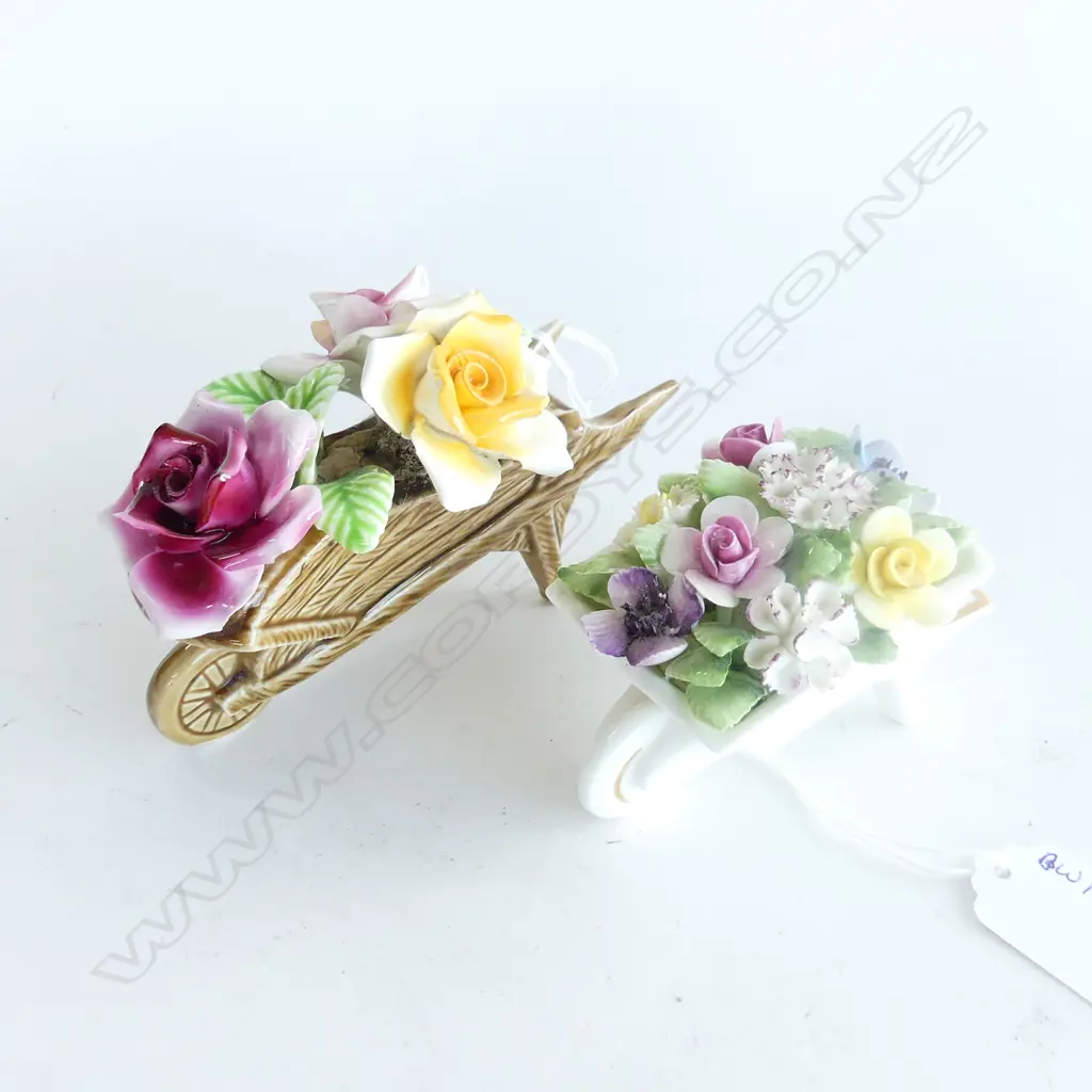 2 CHINA FLORAL WHEELBARROWS ROYAL DOULTON ETC H90 TALLEST Image 1++