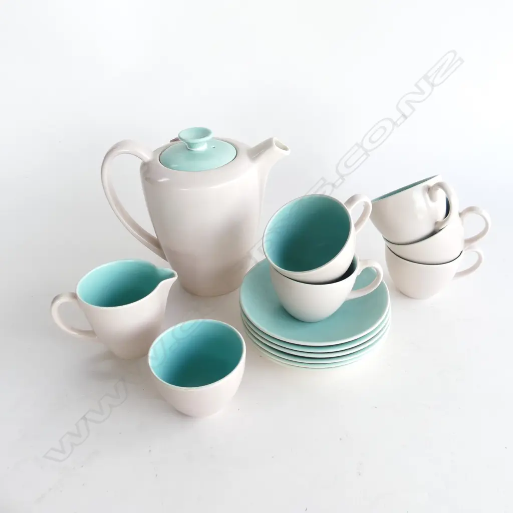 14 PCE POOLE TWIN TONE COFFEE SET; 5 CUPS, 6 SAUCERS, MILK, SUGAR & COFFEE POT - SKY BLUE / DOVE GREY Image 1++