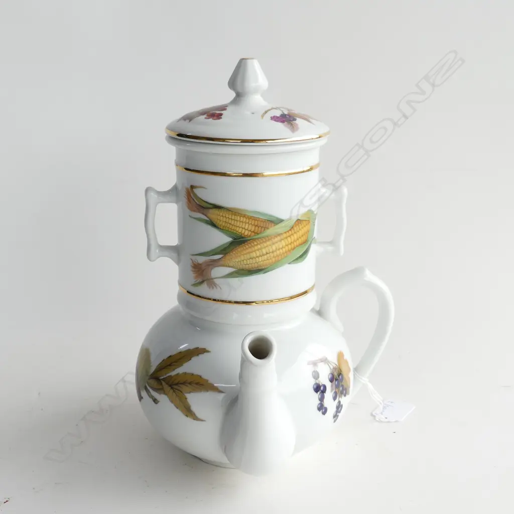 ROYAL WORCESTER EVESHAM TEAPOT w. SIDE HANDLE & 2 PCE STRAINER H.270mm Image 1++