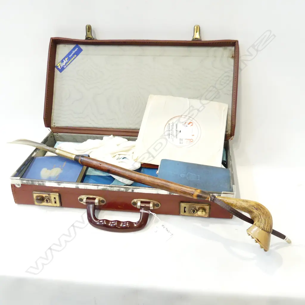 LEATHER CASE MASONIC ITEMS; GLOVES, BOOKS ETC + VINTAGE LONG HANDLED SHOE HORN, + OLD EP RECORD W HAPPY BIRTHDAY Image 1++
