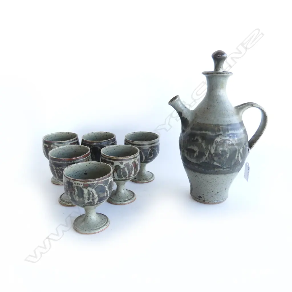7 PCE STUDIO POTTERY WINE JUG H.270mm & 6 GOBLETS - SPIRAL MARK, WAX RESIST DECORATION Image 1++