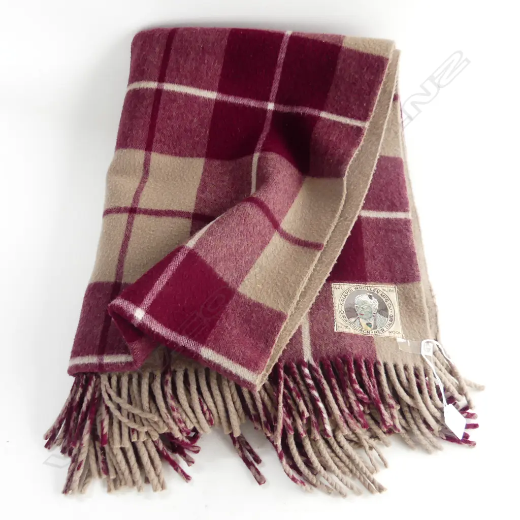 KAIAPOI WOOL TRAVEL RUG - MAORI CHIEF LABEL - MAROON / MUSHROOM CHECK Image 1++