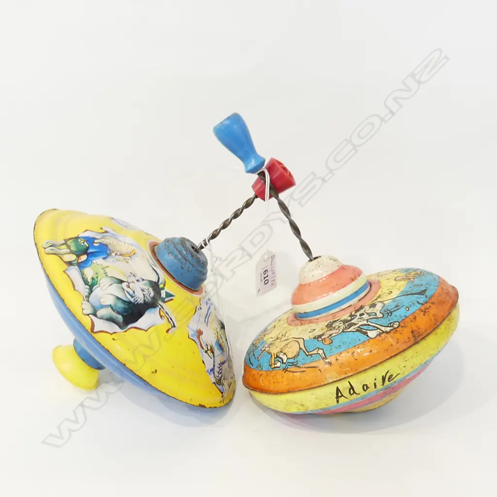 2 TIN TOY SPINNING TOPS LARGEST DIA 200MM Image 1++