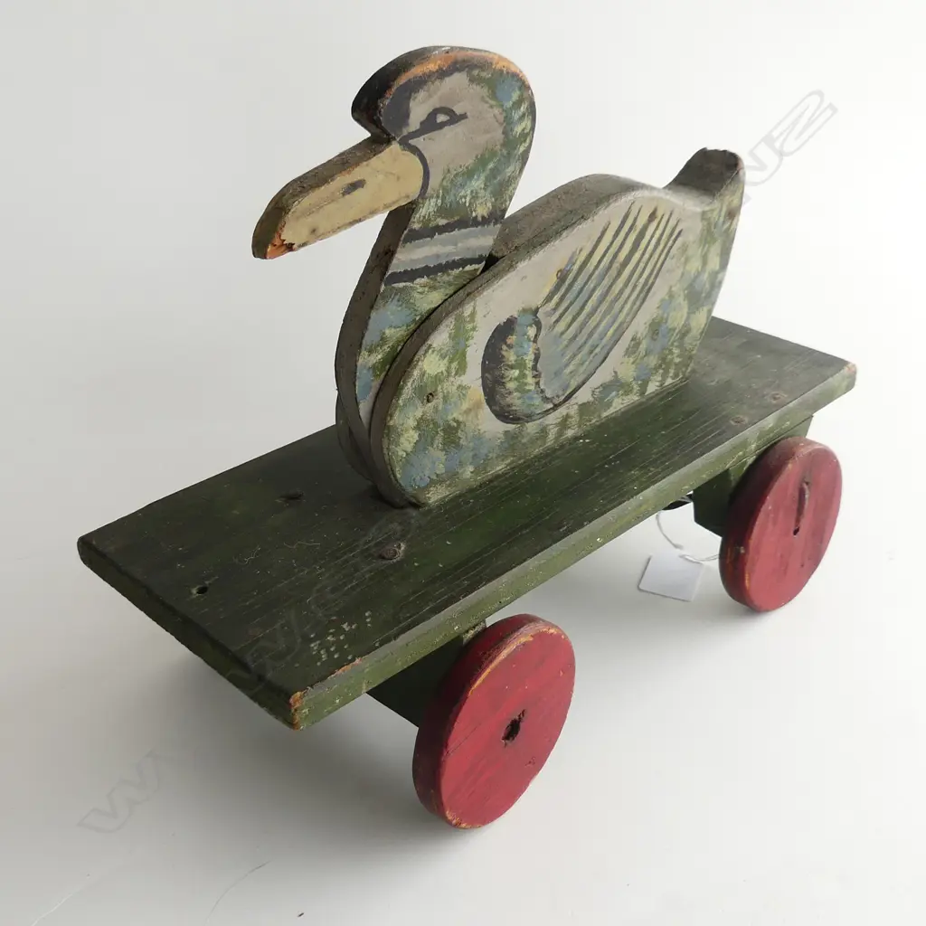 VINTAGE CHILDS PAINTED WOODEN PULL ALONG DUCK TOY L.320mm  Image 1++
