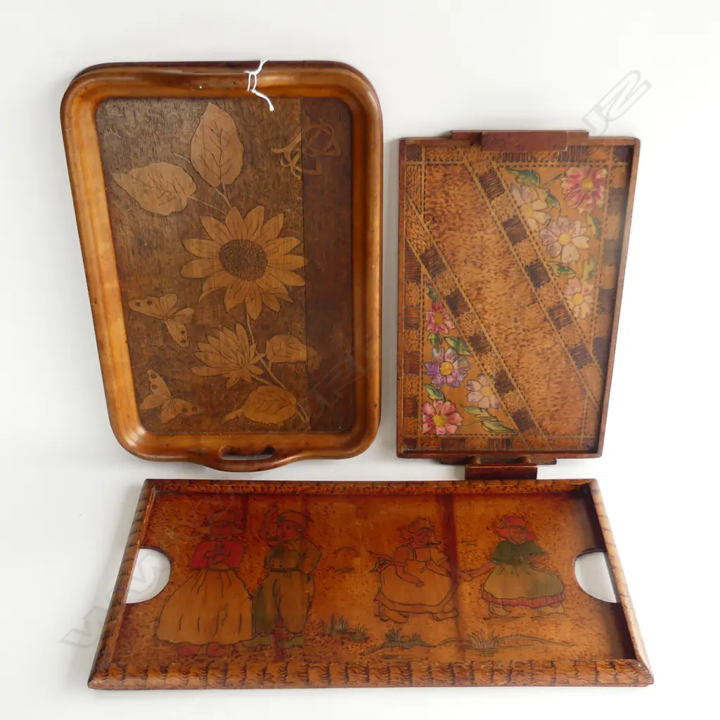 3 WOODEN FOLK ART POKERWORK TRAYS 410x290mm Image 1++