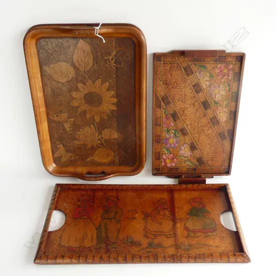 3 WOODEN FOLK ART POKERWORK TRAYS 410x290mm