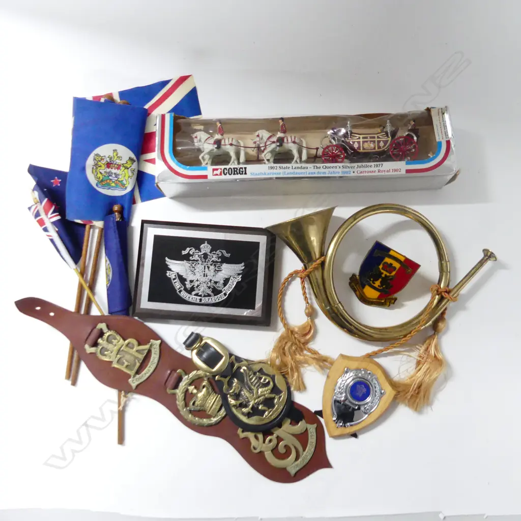 BOX LOT ASST. ROYAL MILITARY INTEREST; HORN, CORGI QUEENS SILVER JUBILEE COACH 1977 Image 1++