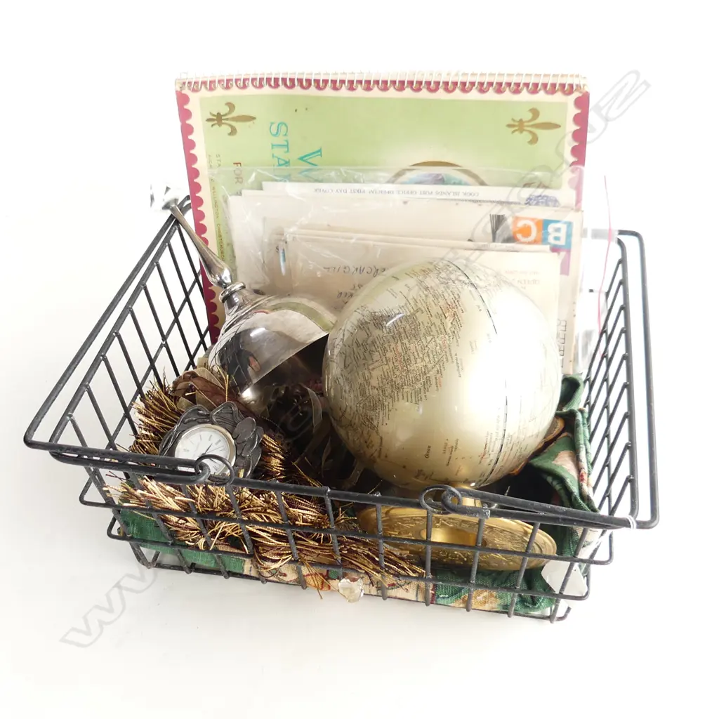 SM WIRE BASKET ASST COLLECTABLES ETC; STAMPS, CURTAIN TASSLE, GLOBE, CLOCK (WORKING)ETC.. Image 1++