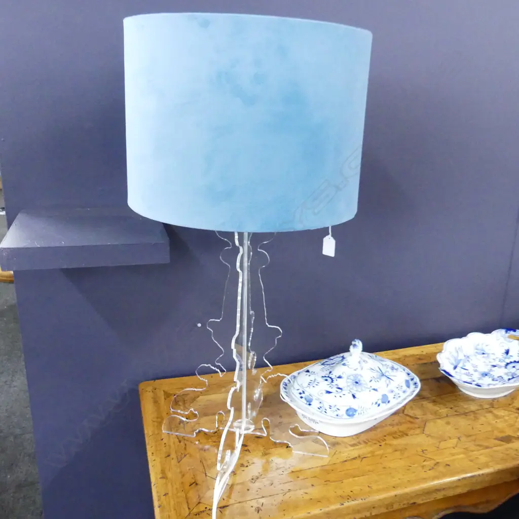 CLEAR ACRYLIC KARTELL STYLE LAMP w. BLUE VELVET SHADE H.690mm Image 1++