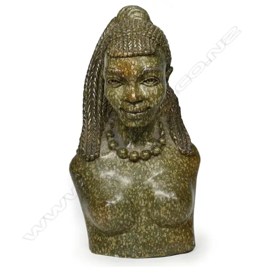LEONARD MPATALIA (ZIMB) ' SHONA LADY ' CARVED LEMON STONE SCULPTURAL BUST H.370mm