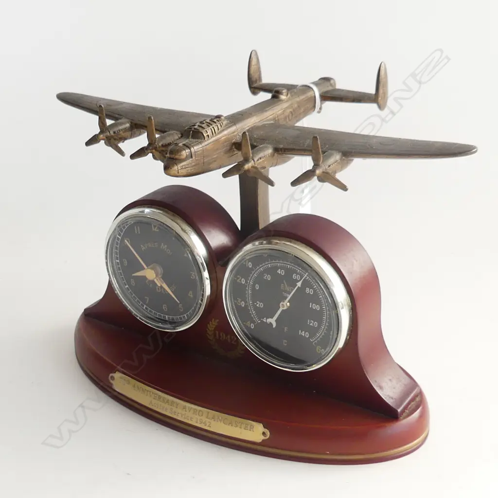 BRADFORD EXCHANGE 70th ANNIVERSARY LANCASTER BOMBER CLOCK & THERMOMETER w. BRONZED PLANE W.240mm Image 1++