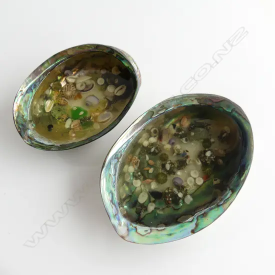 Two polished Paua shells with resin work