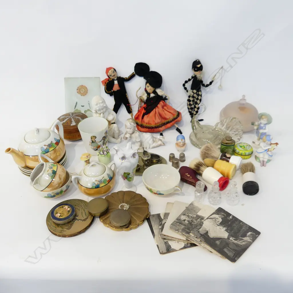 BOX LOT JAPANESE TEA SET, DOLLS, ASST. CHINA INCL. 2 PIANO BABIES ETC Image 1++