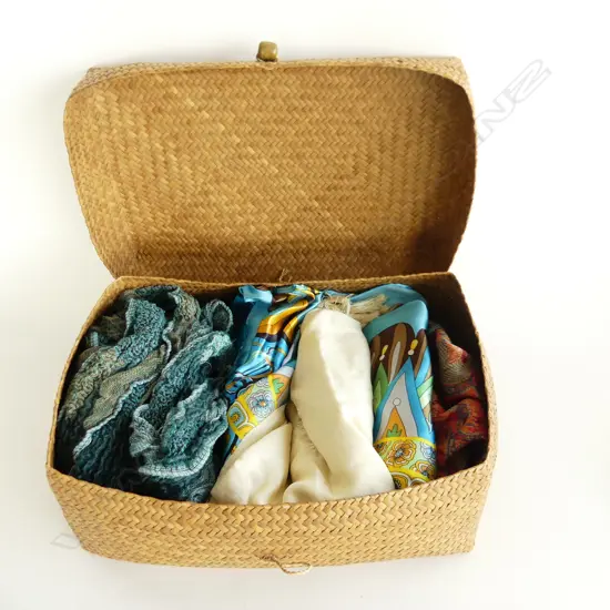 WOVEN BASKET W.380mm  w. ASST. VINTAGE SCARVES; SILK, PASHMINA ETC