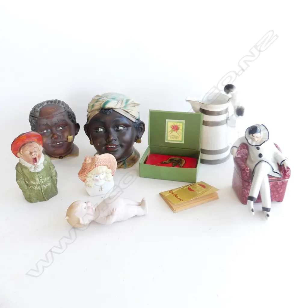 8 ASST. PCES; 2 AFRICAN LIDDED HEADS, JUG w. CAT HANDLE H.150mm, YAWNING BOY, 20s CLOWN, VICT. HALF DOLL, BABY, NZ CARDS Image 1++