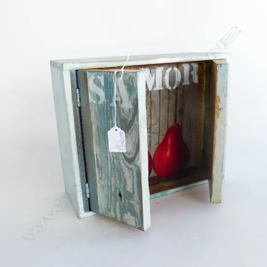 CONTEMPORARY MIXED MEDIA 3D ARTWORK 'SAMBA / AMOR' BLUE PAINTED WOODEN BOX OPENS TO REVEAL 2 RED PEARS. INITIALLED CJM
