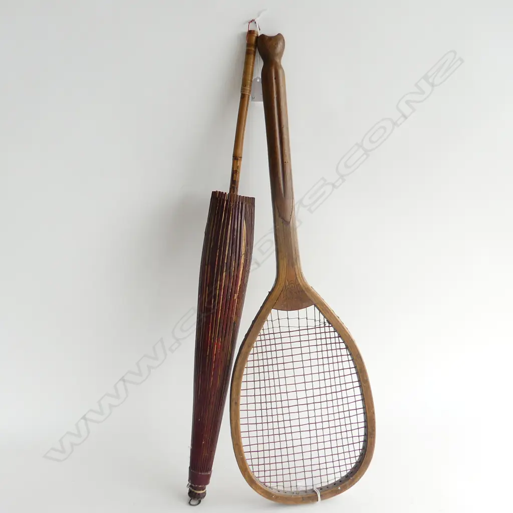 VINTAGE WAX PAPER UMBRELLA + WOODEN TENNIS RACQUET 'THE DEMON' H.690mm Image 1++