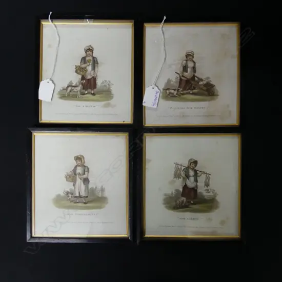 SET OF 4 EARLY 19thC ENGRAVINGS; CHILD STREET SELLERS 'FINE RABBITS' ETC 170x160mm