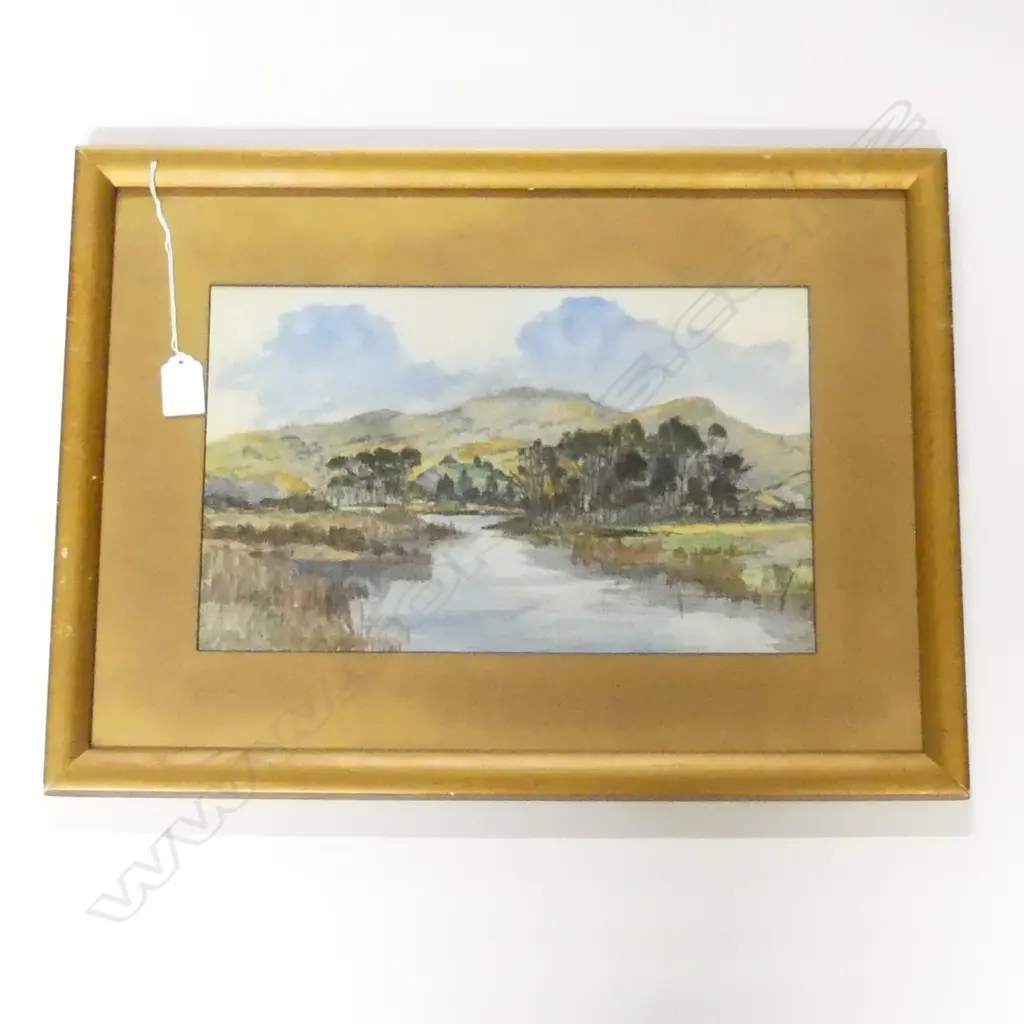 M. HALL W/C LANDSCAPE w. LAKE GILT FRAME 215x350mm Image 1++