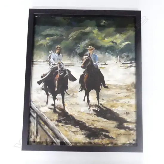 MAURICE BUCKLAND 'RODEO RIDERS RANKLEBURN' OIL ON BOARD 1975 495x395mm