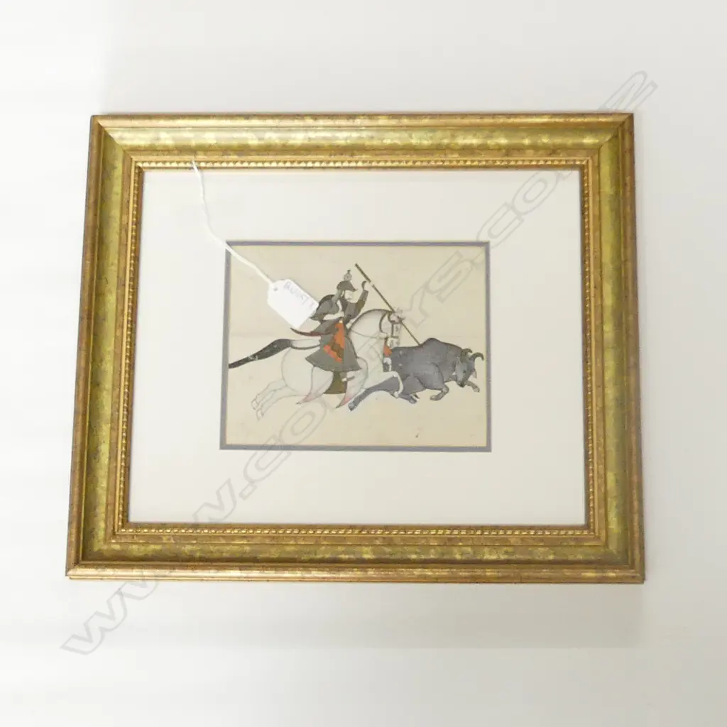 INDIAN MUGHAL W/C HUNTING SCEENE SIGNED VERSO 150x190mm Image 1++