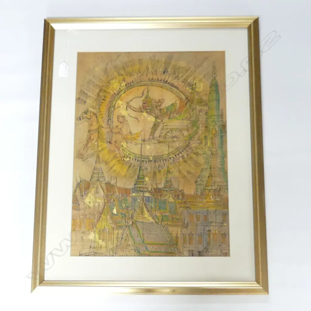 THAI WORK ON PAPER. TRADITIONAL FIGURE WITH BOW & ARROW, ON CARRIAGE.  HANDCOLORED INK WITH SOME GILT DETAIL. 520X385mm Image 1++