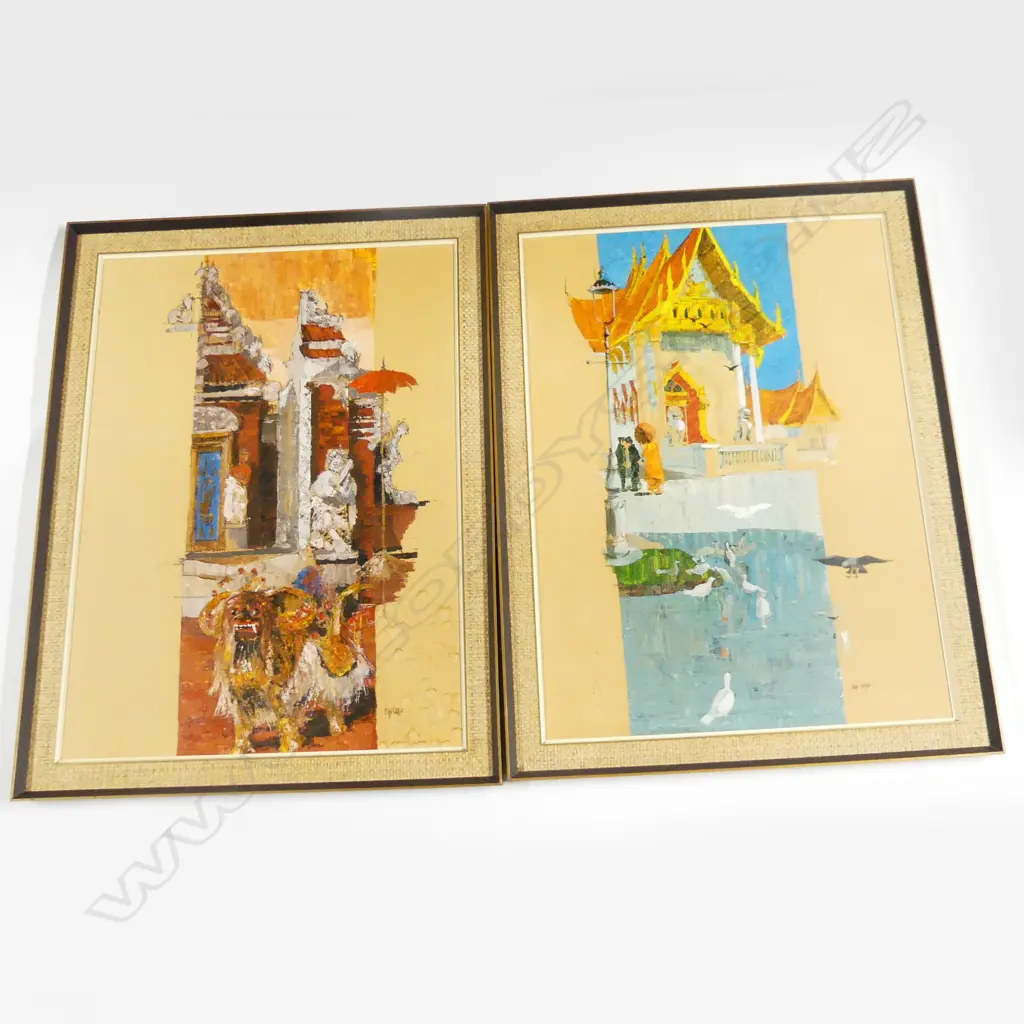 2 JOHN CASTLE ORIENTAL ABSTRACT MIXED MEDIA ON BOARD ARTWORKS 735x535mm Image 1++