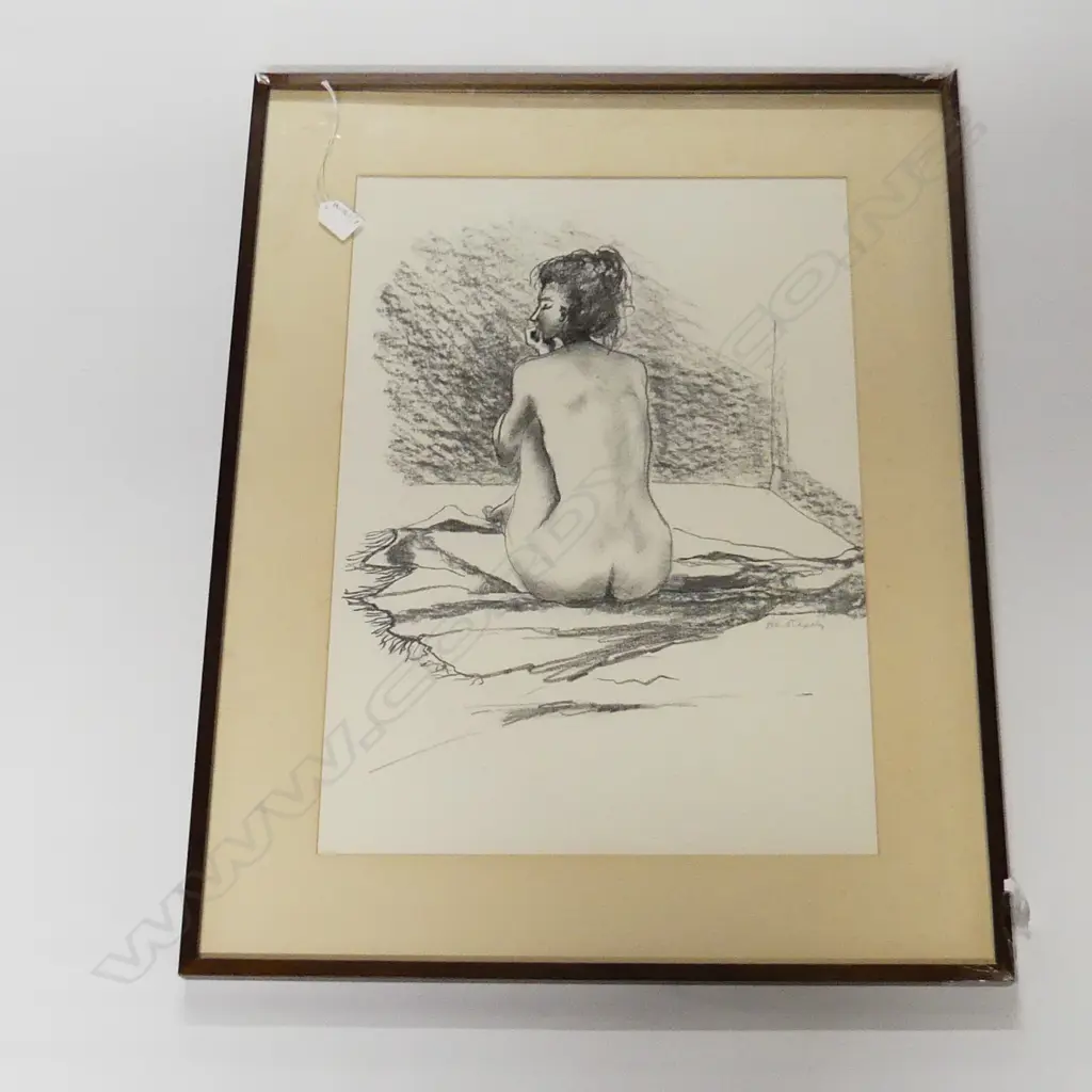 SIGNED NUDE CHARCOAL ON WHITE PAPER 560x400mm FRAME DAMAGED Image 1++