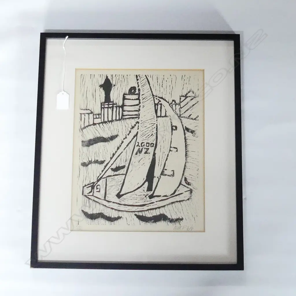 SIGNED AMERICAS CUP NZ 2000 WOOD BLOCK PRINT 4/4 325x260mm Image 1++