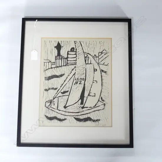 SIGNED AMERICAS CUP NZ 2000 WOOD BLOCK PRINT 4/4 325x260mm