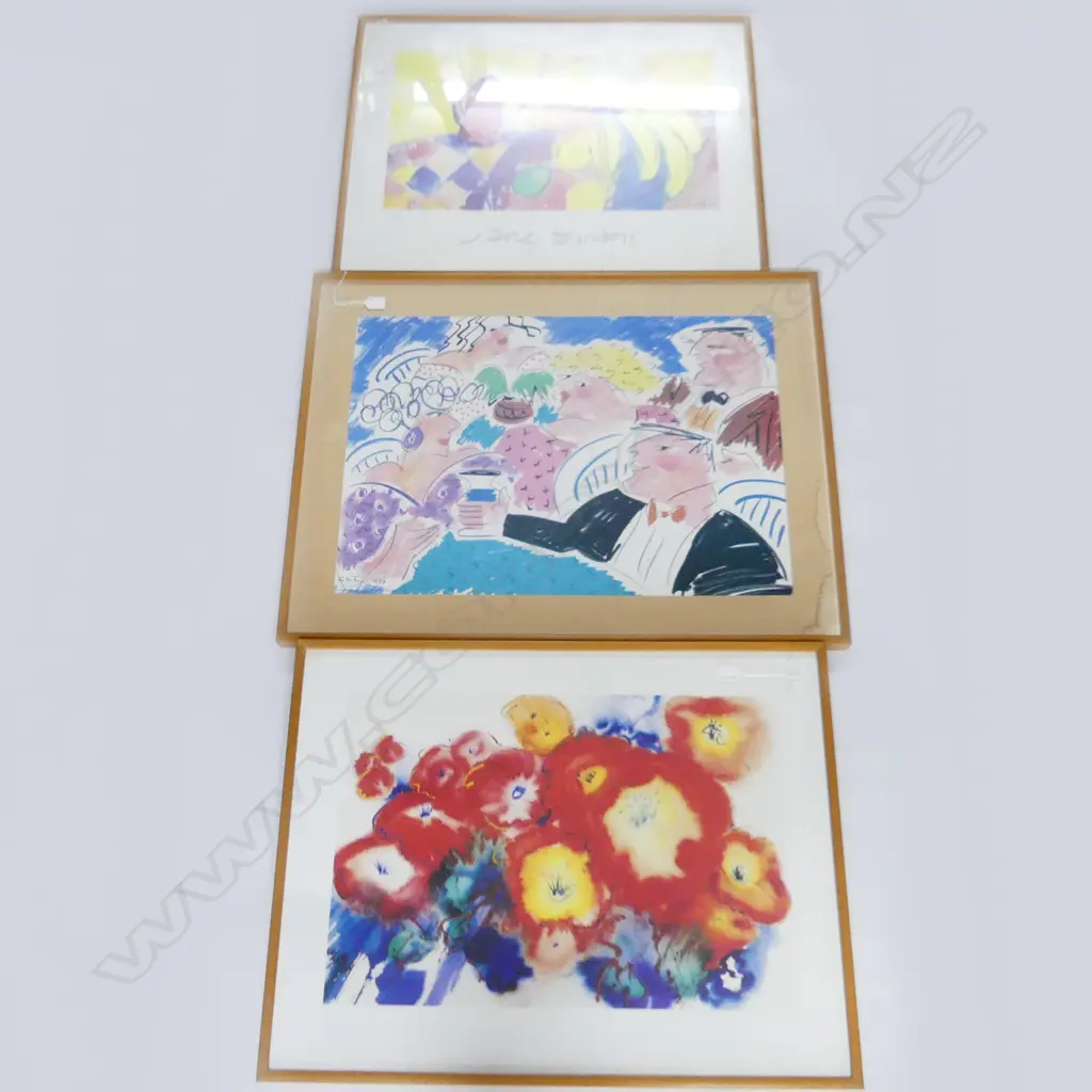 3 LG FRAMED PRINTS; JANE EVANS 'HELLO YOU YELLOW BANANAS' McGLASHAN 'RED HIBISCUS' SHONA McLEAN LUNCHING FACES 520x735mm Image 1++