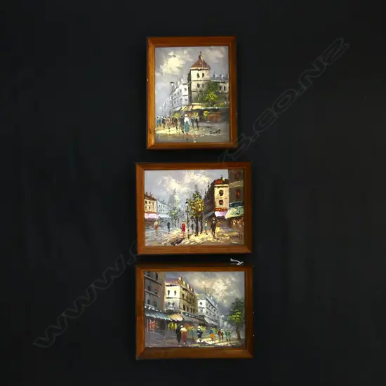 3 SM OIL PAINTINGS, STREET SCENES, SIGNED 190 X 245MM